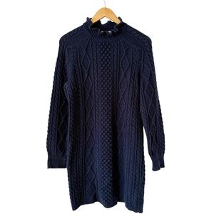J Crew Cable Knit Mini Sweater Dress Medium Navy Blue Ruffle Preppy Long Sleeves
